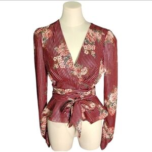 Wayf Cranberry Red Blouse With Silver Thread and Pink Roses Size Extra Small